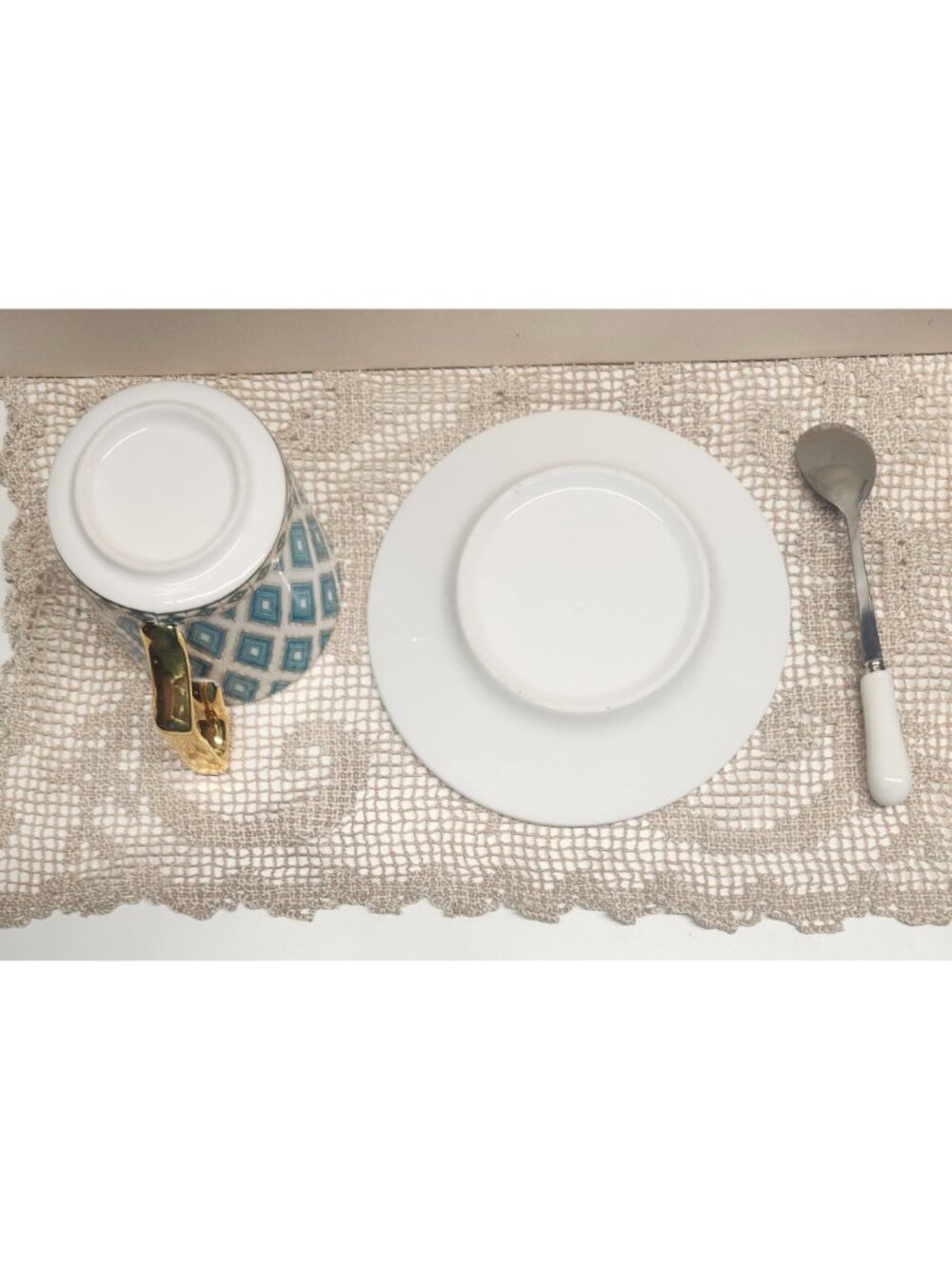 Porcelain Tea Cup Saucer & Spoon Set Teal Blue Geometric Pattern Gold Handle 3 p - Picture 3 of 7